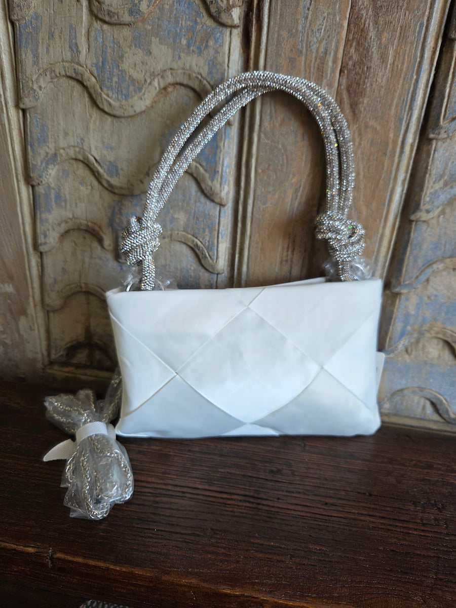 White Evening Handbag with Knotted Rhinestone Handle Robin Boutique