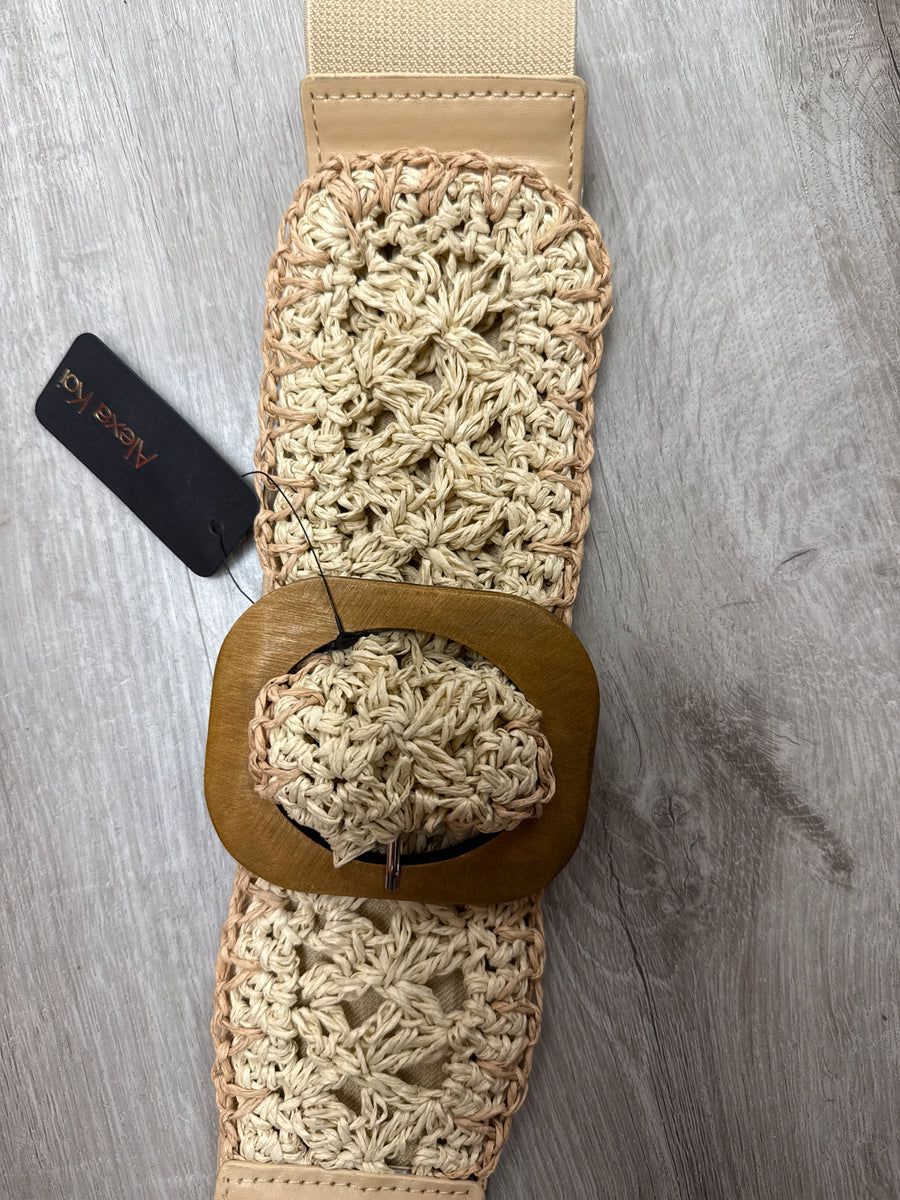 Natural Color Rattan Stretch Square Wood Buckle Belt