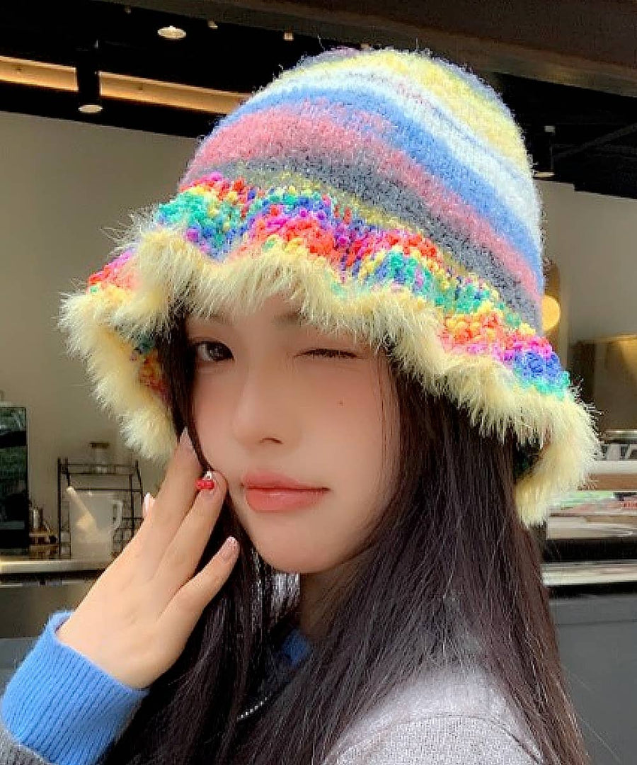 Colorful Mohair-Feel Ruffle Knit Beanie