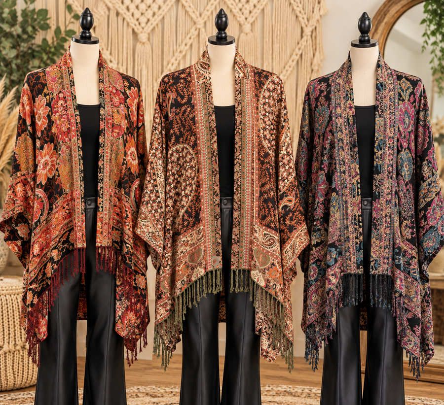 Bohemian Tapestry Kimono Jacket with Fringe