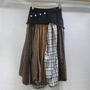 Spliced Plaid Denim High Waist A-Line Midi Skirt Robin Boutique