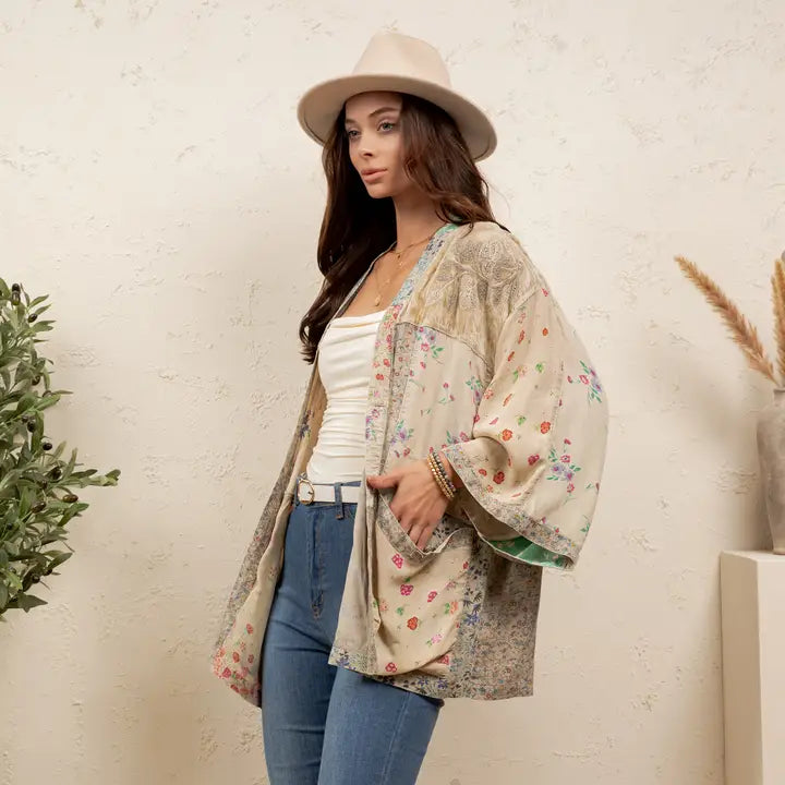Overdyed Texture Mixed Print Kimono by Young Threads