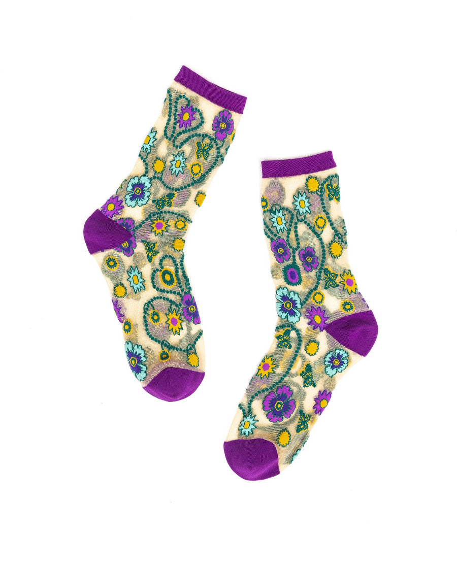 Jeweled Floral Gold Shimmer Sheer Crew Sock by Sock Candy Robin Boutique