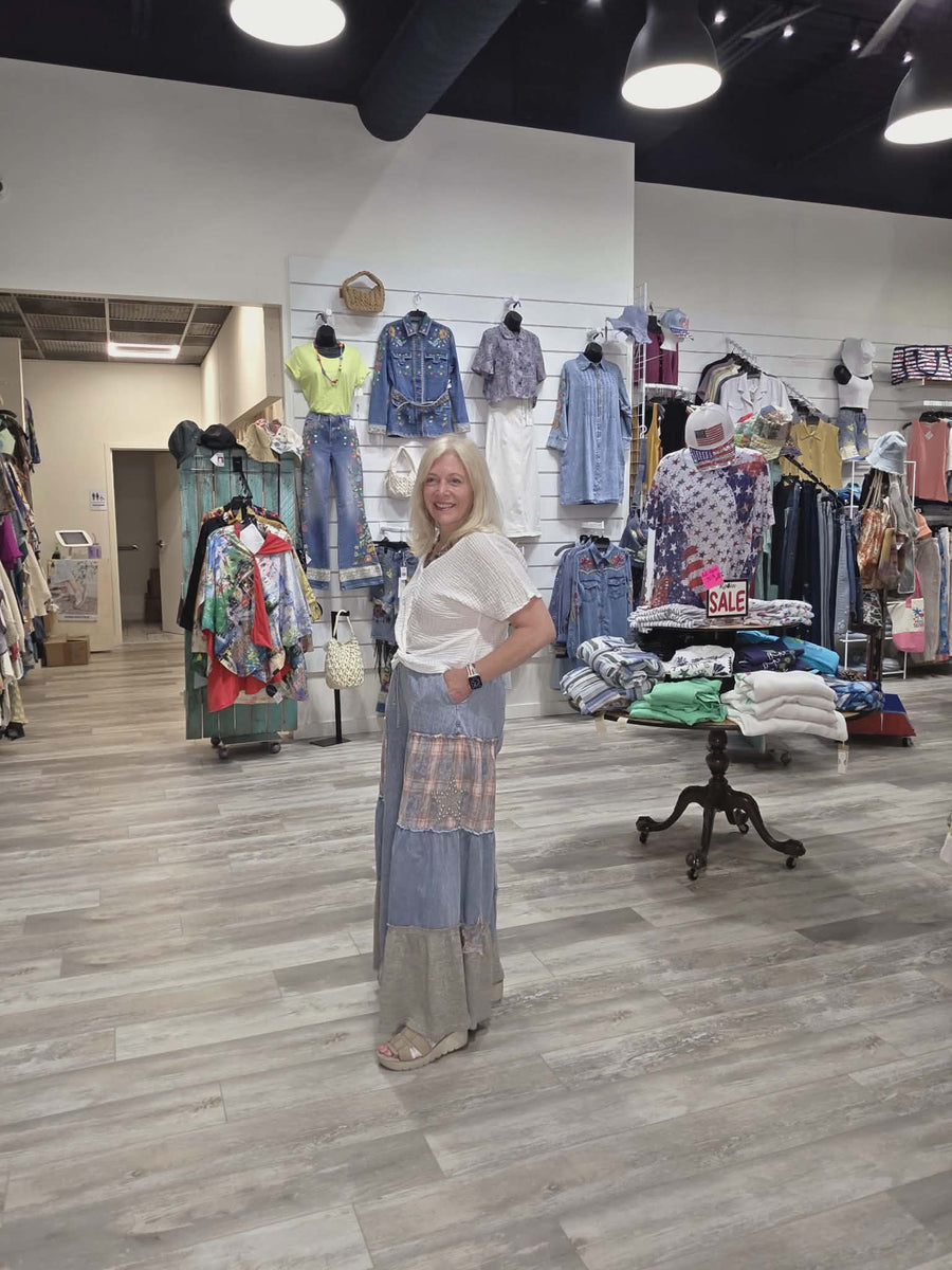 Printed Lace Denim Palazzo Pants by Davi & Dani