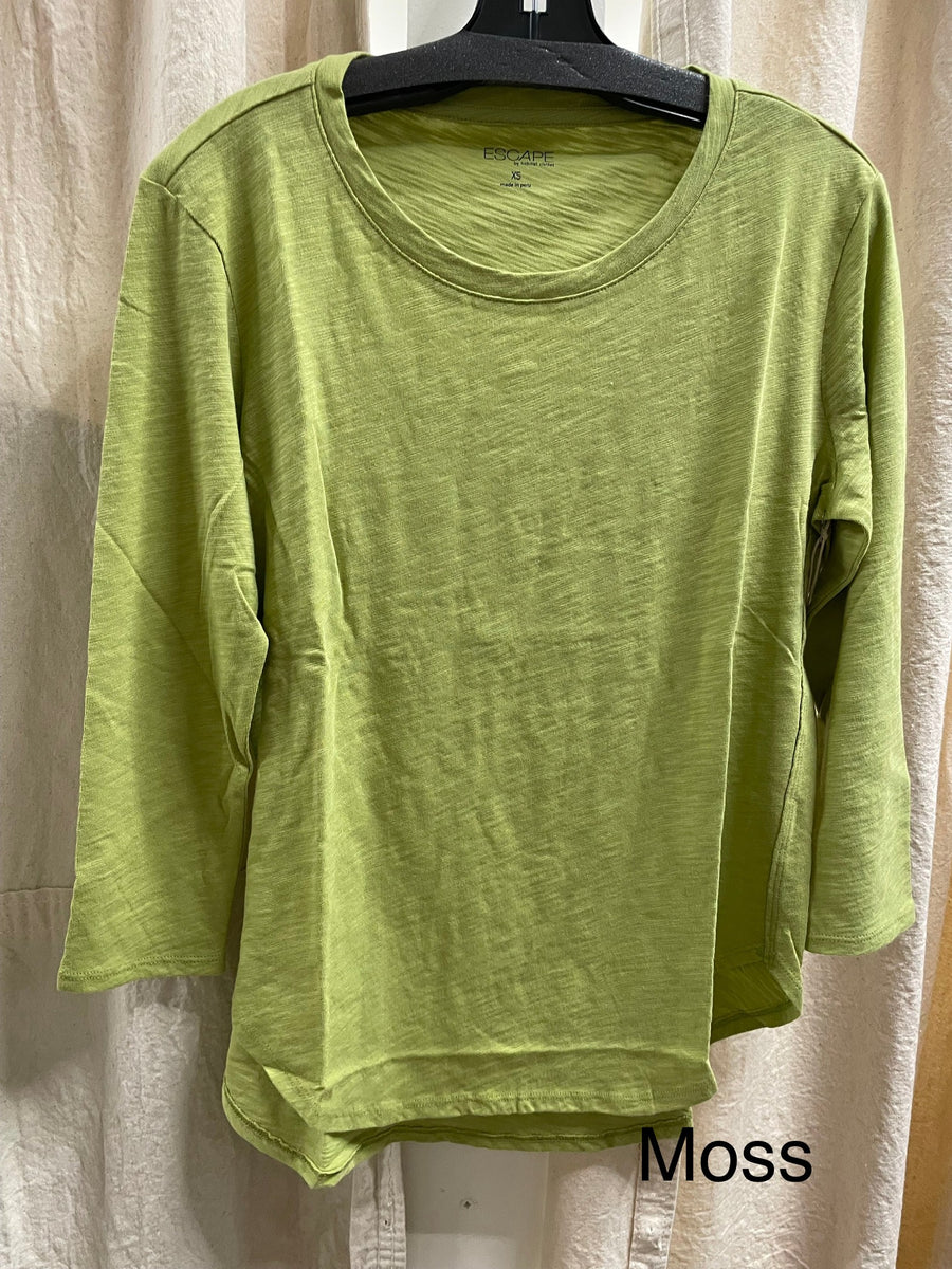 Solid Cotton Slub 3/4 Sleeve High-Low Tee by Escape