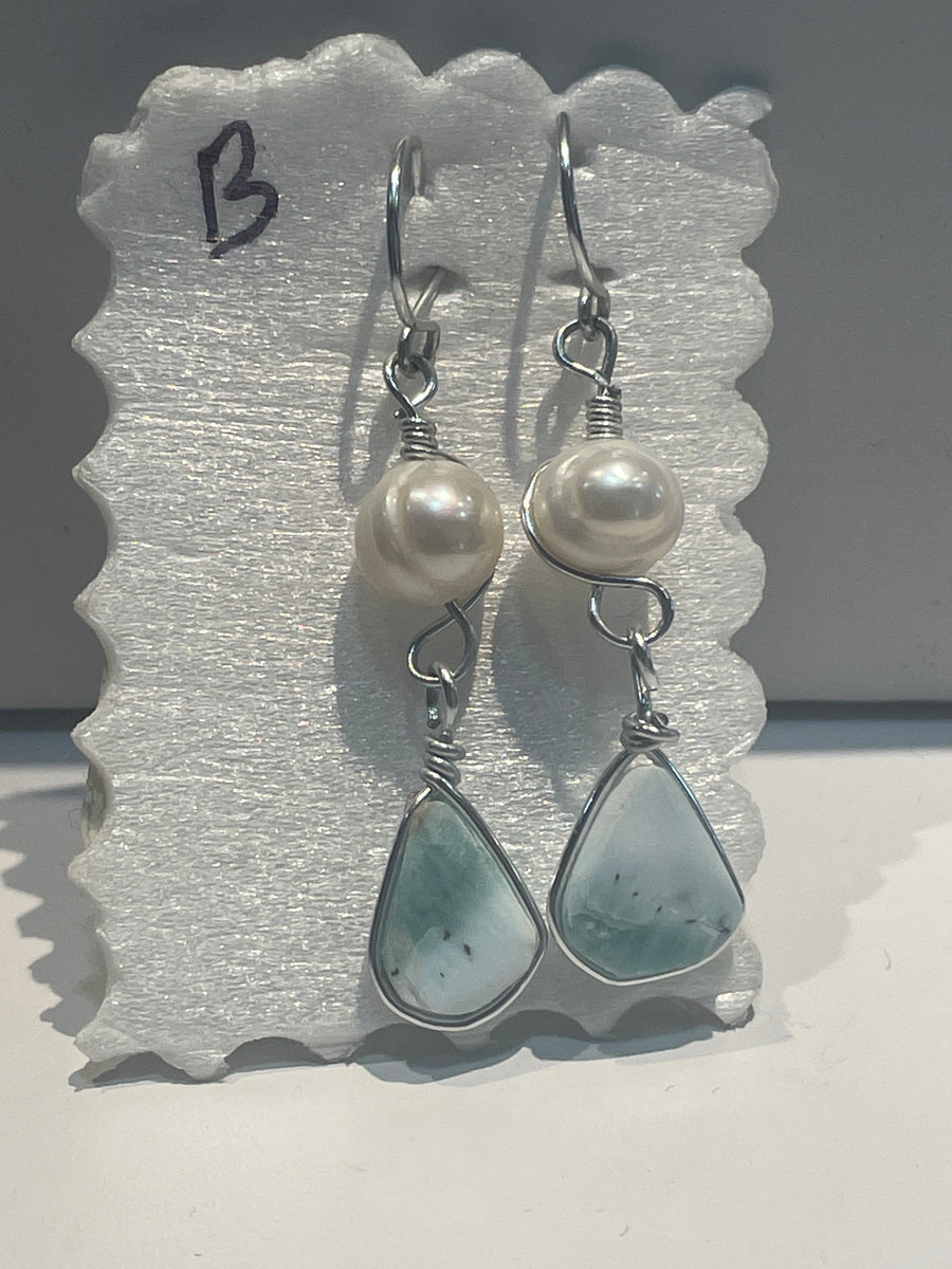 Larimar & Pearl Tear Drop Earrings