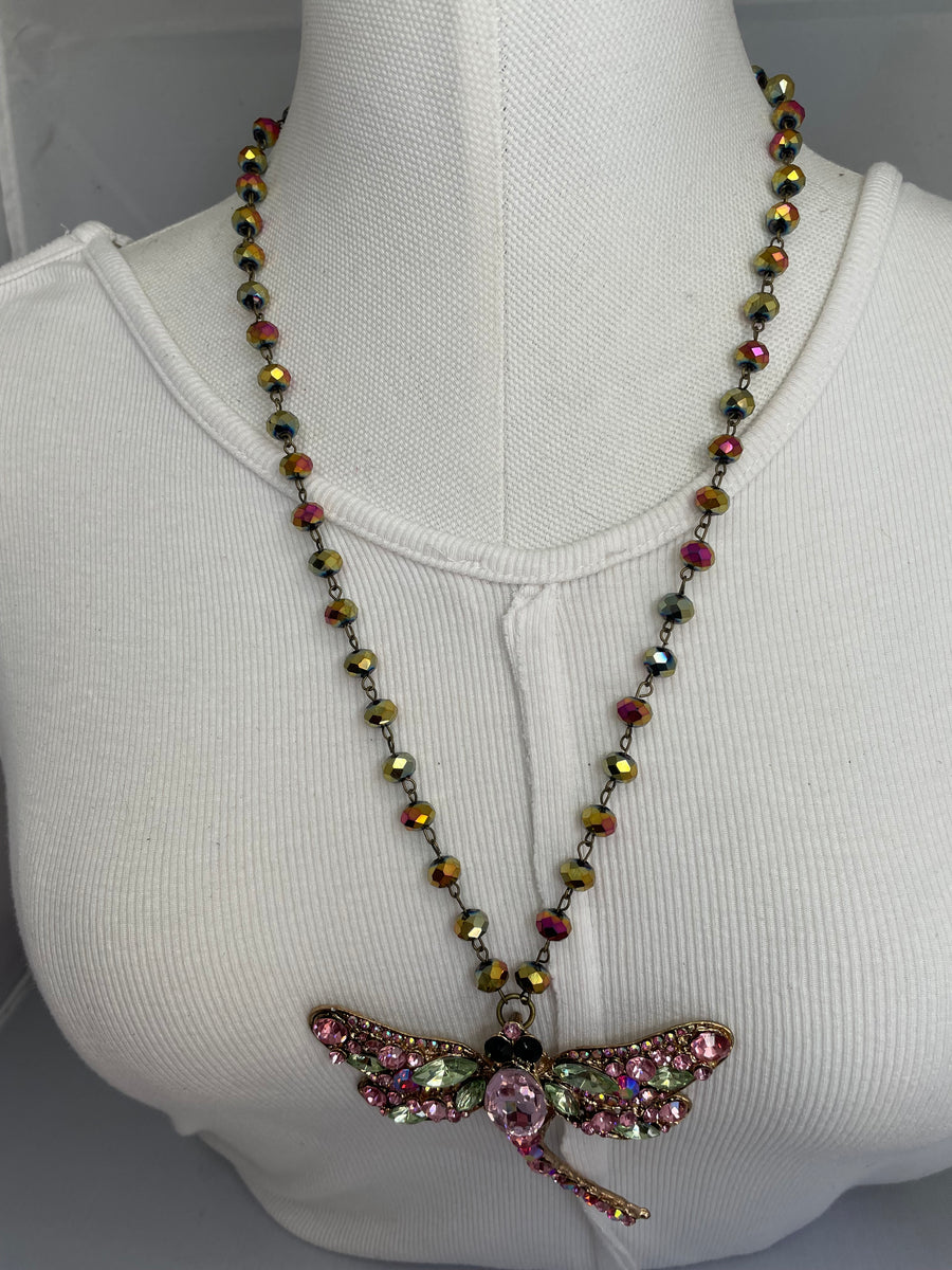 Rhinestone Pink Dragonfly Necklace by Gina