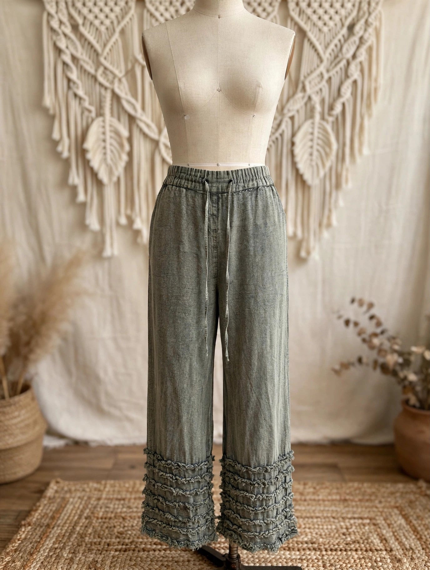Ruffled Hem Mineral Wash Pants by The Paper Lace