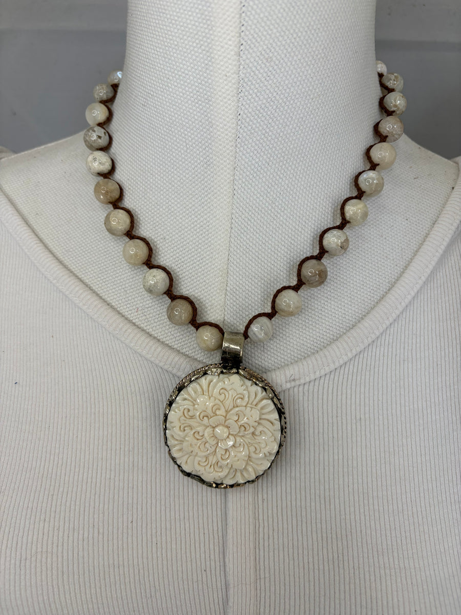 Ivory Bloom Carved Bone Necklace