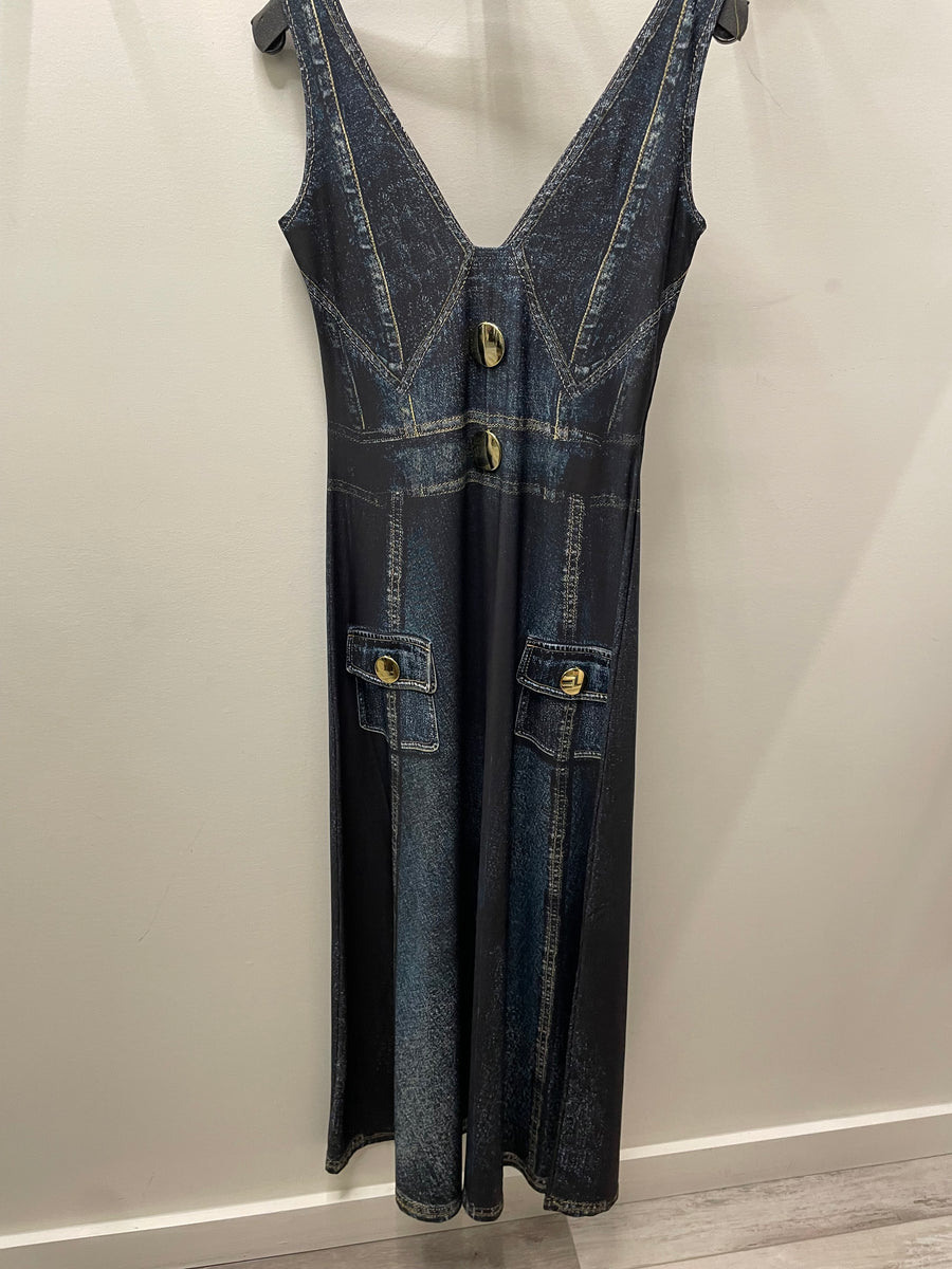 Maxi Low V Dress in Illusion Denim by IPNG Design