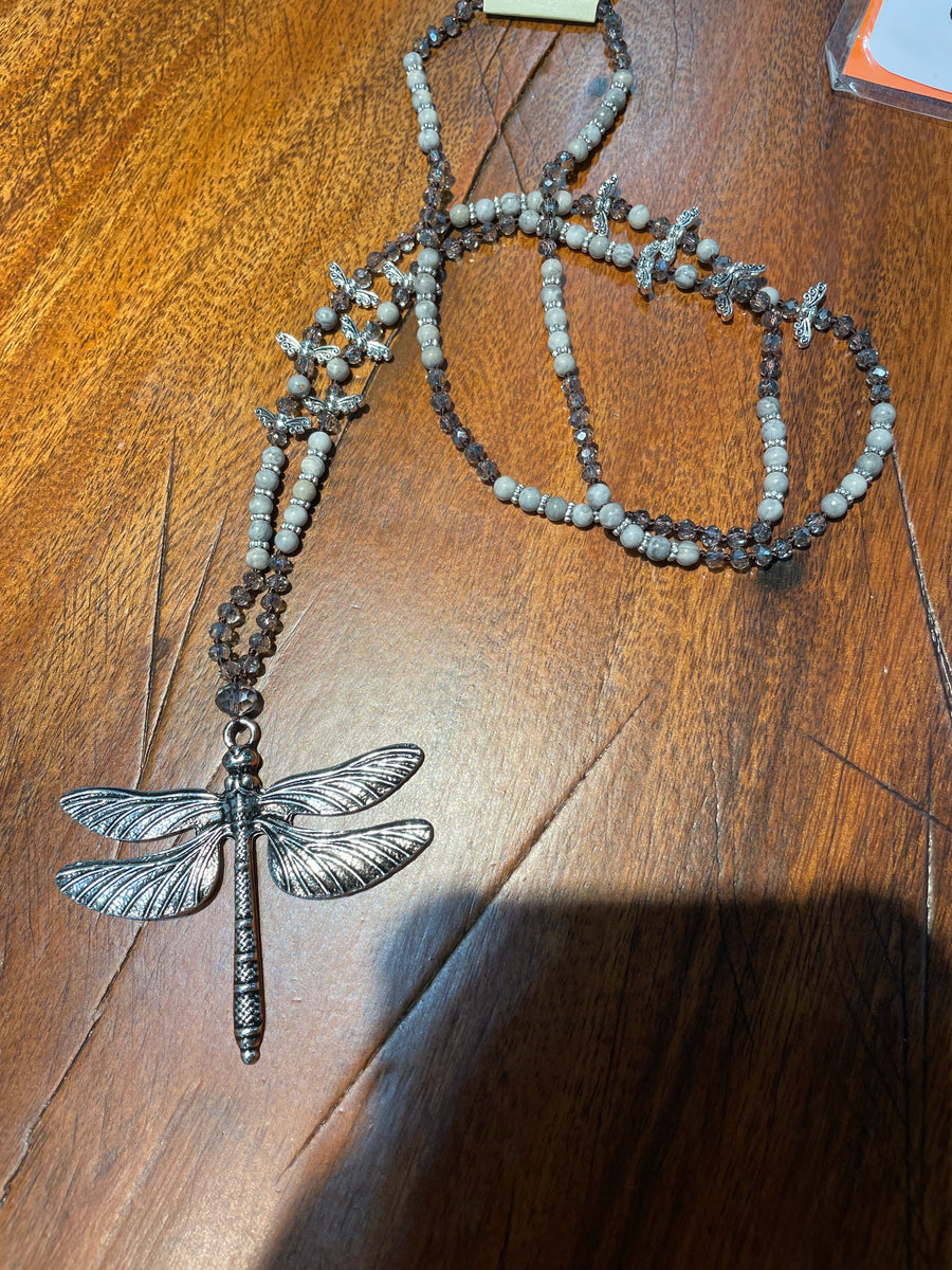 Silver Charmed Atlas Jasper Dragonfly Necklace from Robin Boutique.