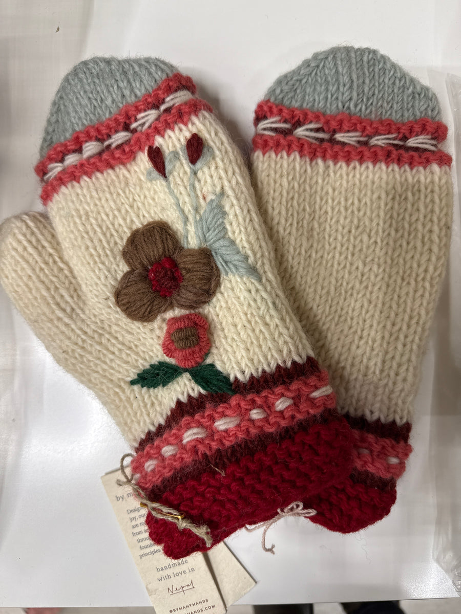 Additional view of Turquoise Ecru Color Block Knit Beanie Hat, Mittens and Fingerless Armwarmers By Many from Robin Boutique.