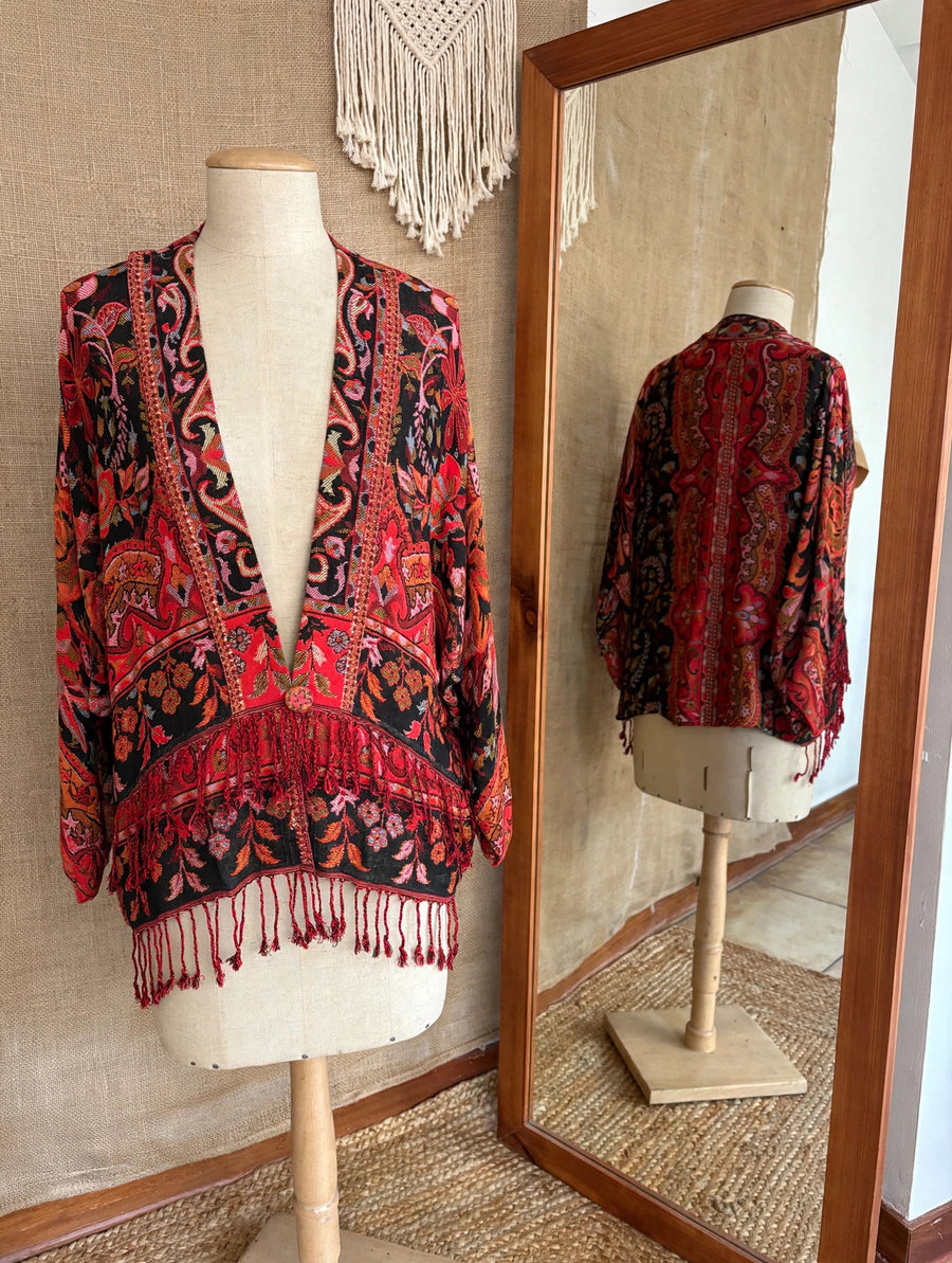 Reversible Tapestry Fringe Short Jacket