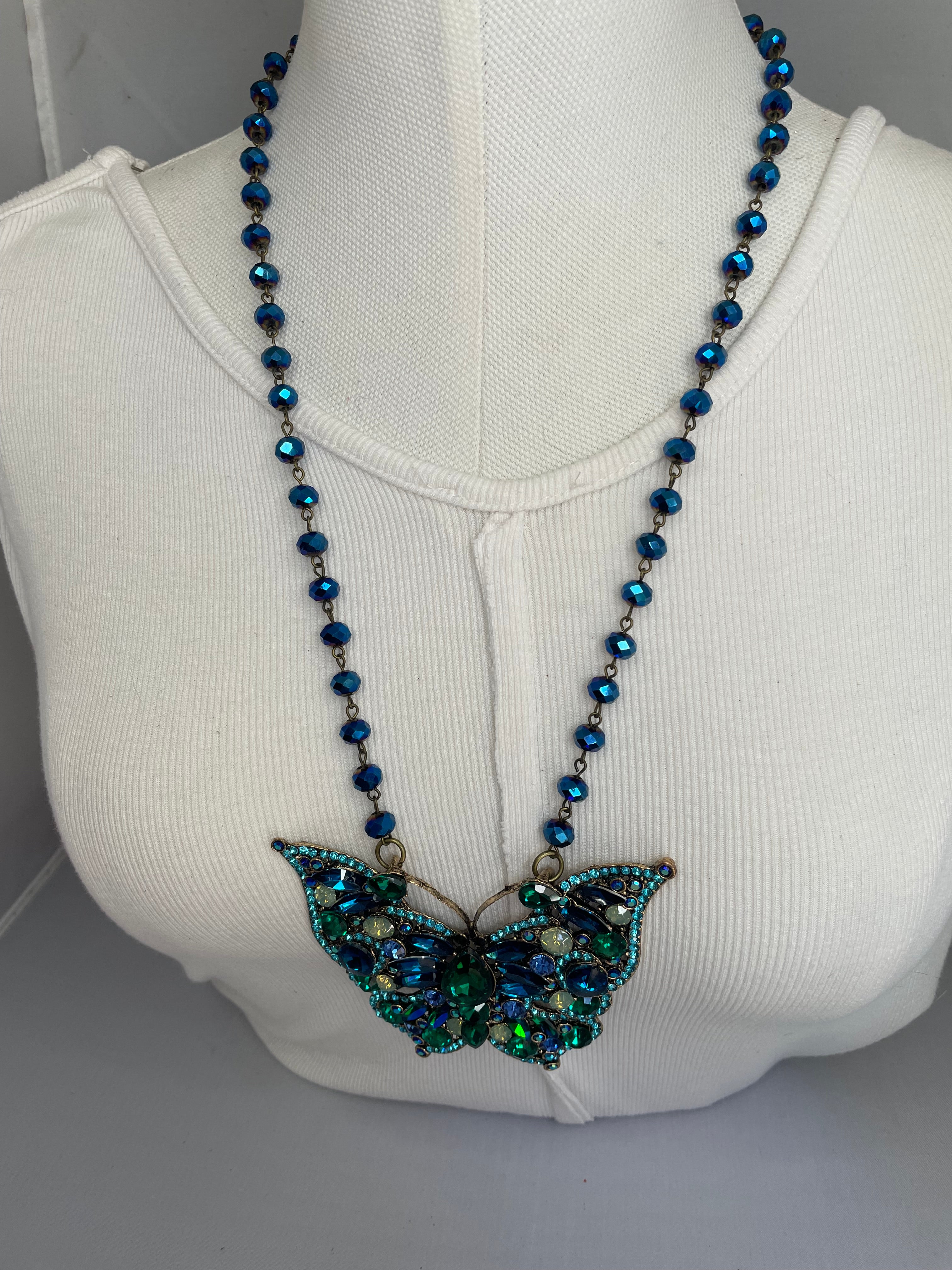 Rhinestone Blue Butterfly Necklace by Gina
