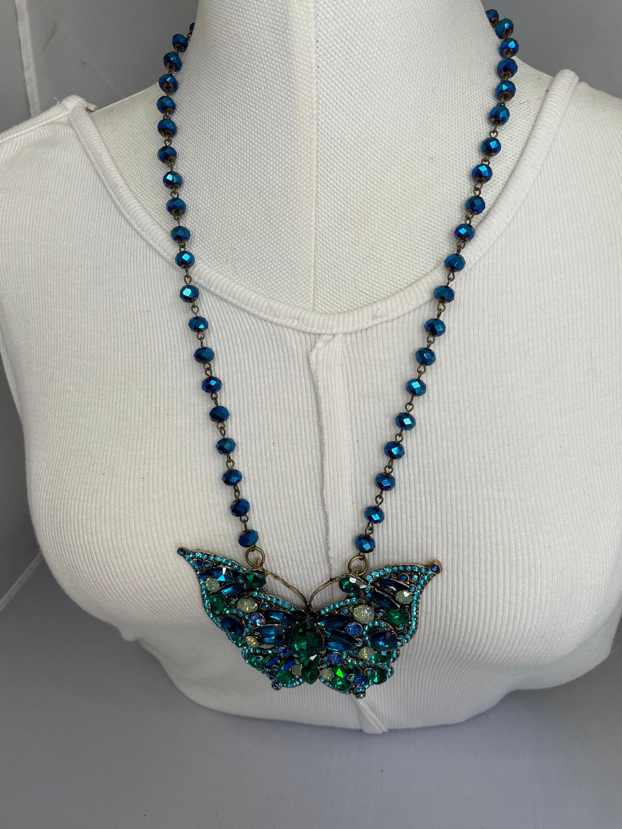 Rhinestone Blue Butterfly Necklace by Gina