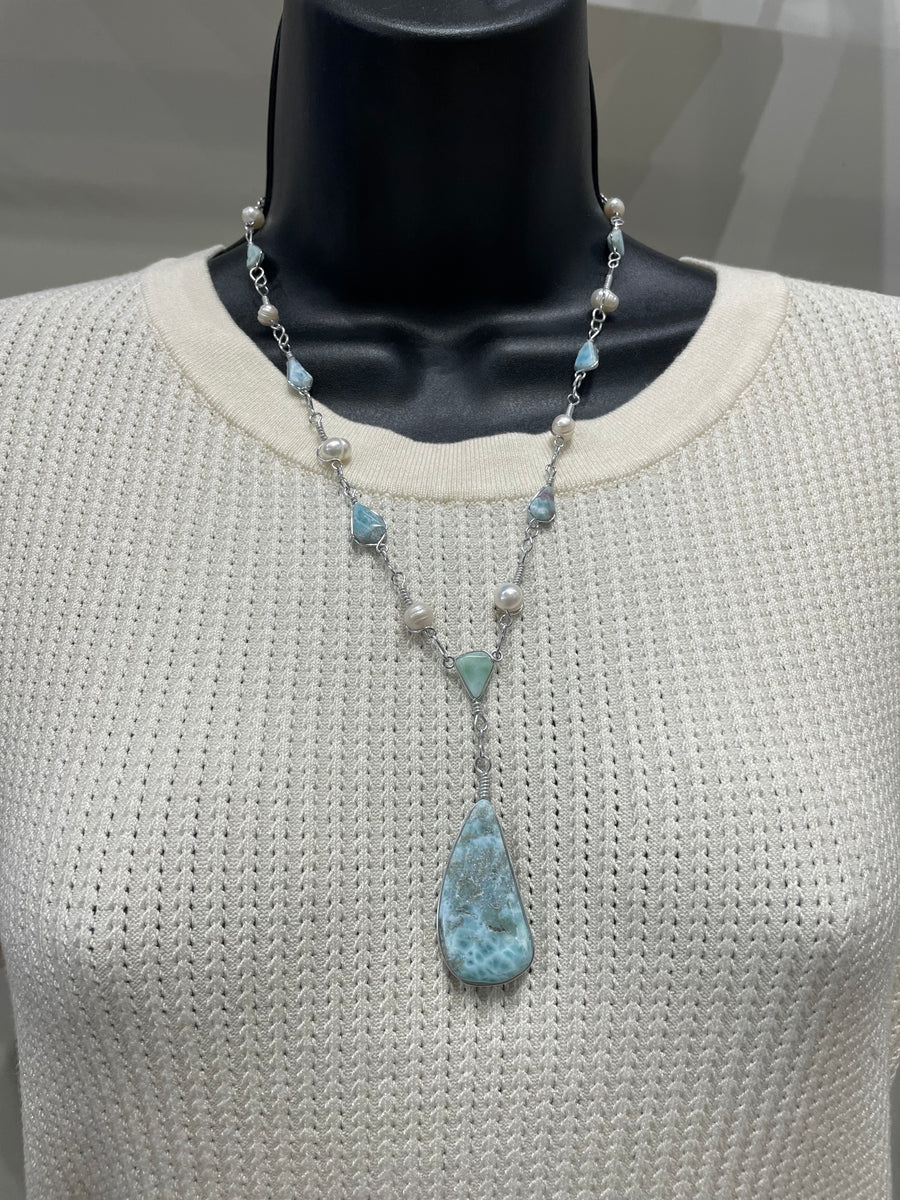 Larimar & Pearl Tear Drop Necklace