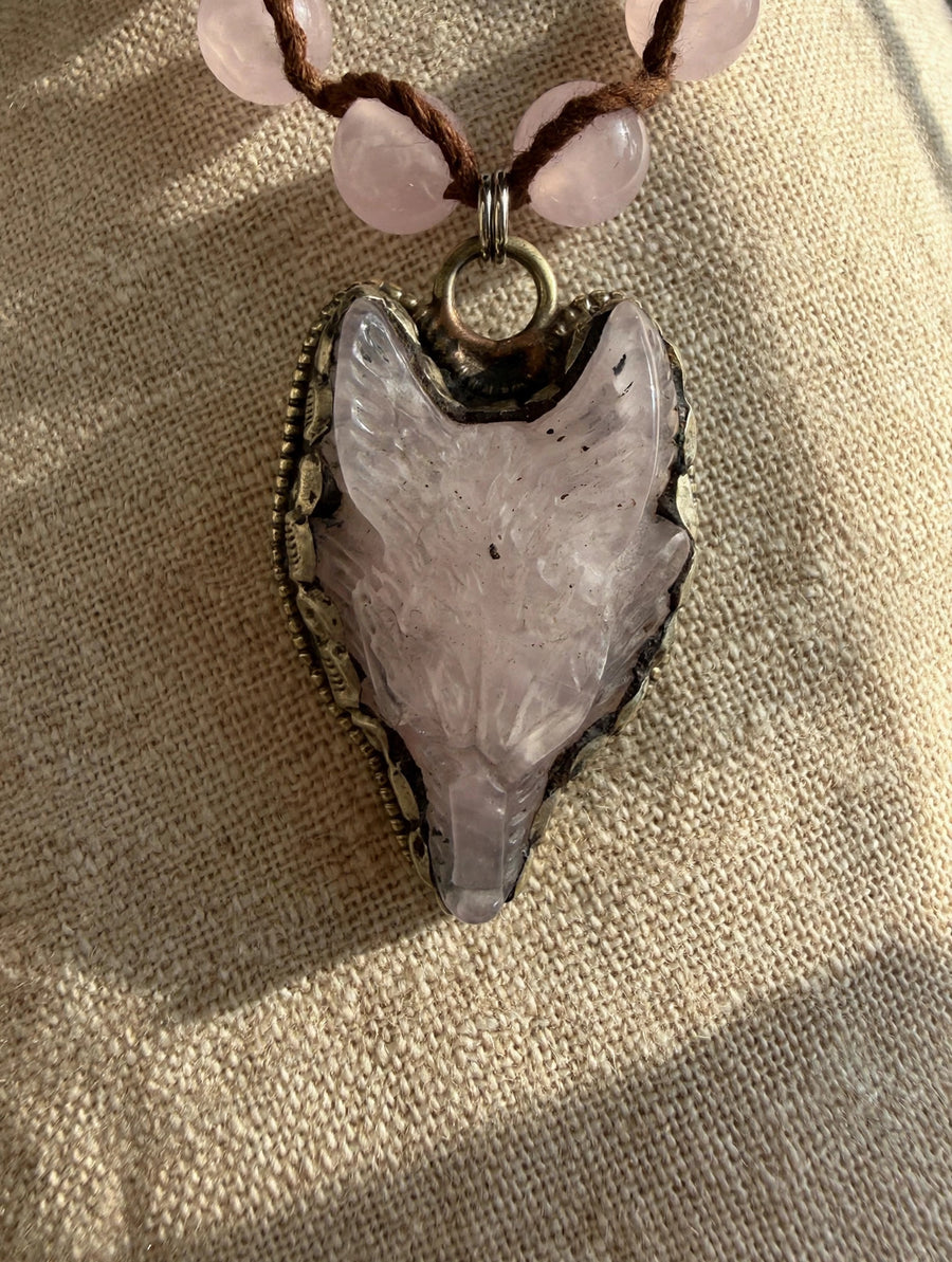 Rose Quartz Wolf Necklace by Tara Gasparian