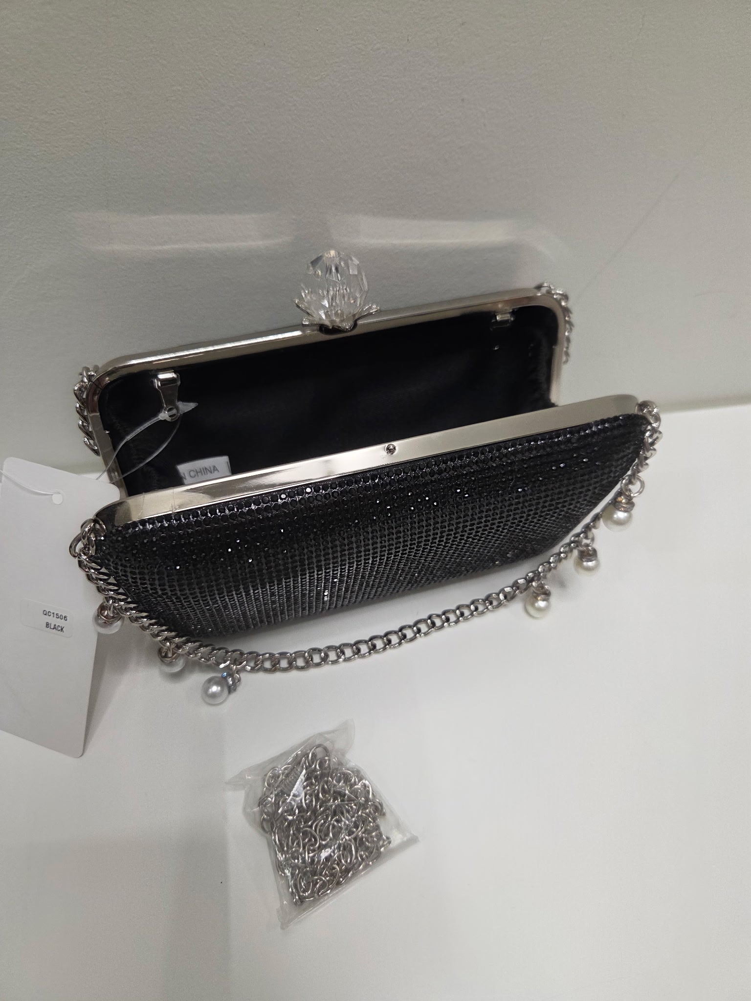 Jet Rhinestone Evening Bag with Pearl and Rhinestone Handle Robin Boutique