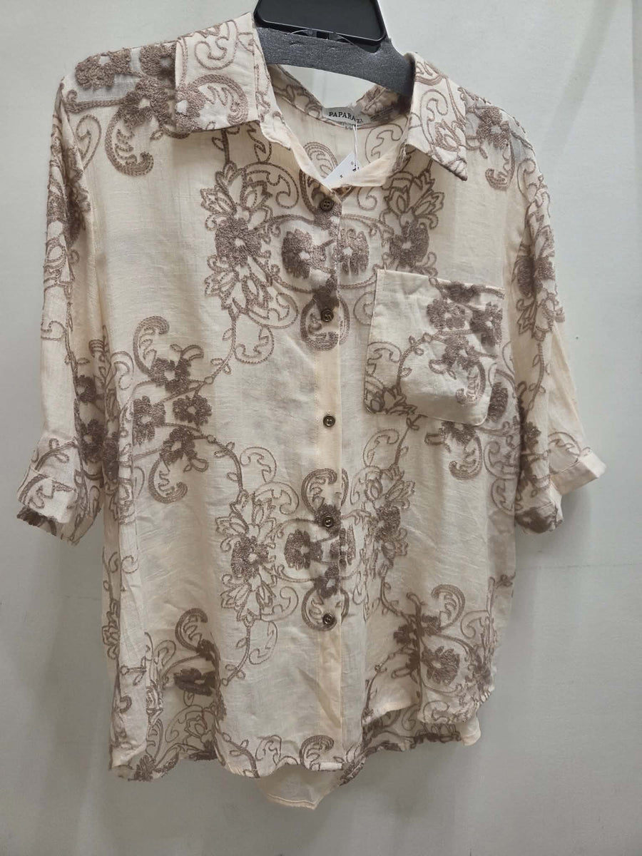 Embroidered Button Front Blouse by Paparazzi