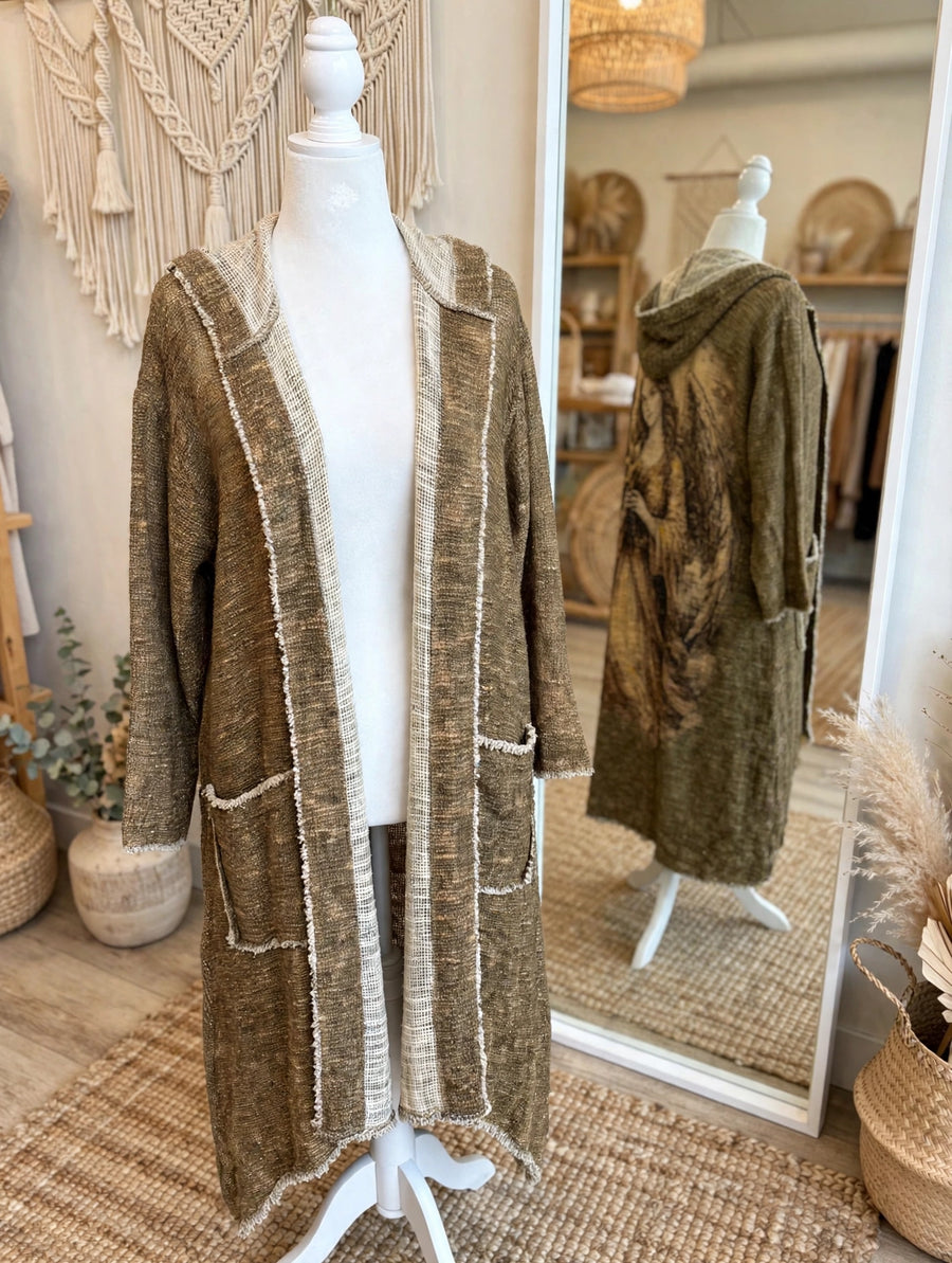 Cotton Knit Hooded Printed Lady Duster by Paper Lace
