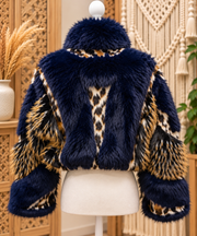 CHIARA-NAVY CROPPED FAUX FUR JACKET by Azalea Wang Robin Boutique