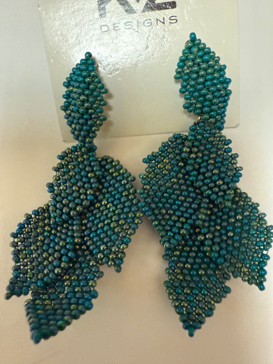 Earring with 5 Beaded Leaves -Solid Aqua with gold flecks Robin Boutique