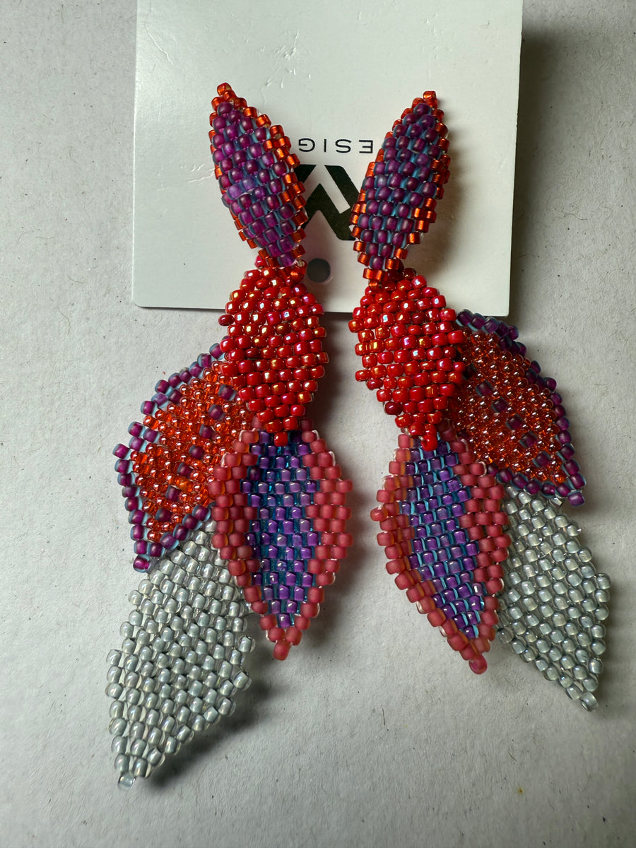 Statement Earring with 5 Beaded Leaves -Peach - Reds, Grey & Bronze Robin Boutique