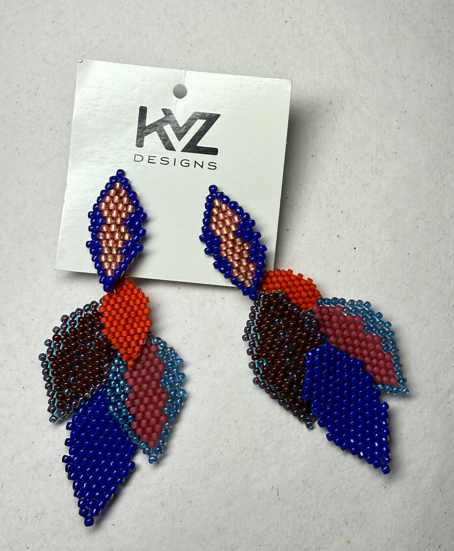 Statement Earring with 5 Beaded Leaves -Berry by KVZ Robin Boutique