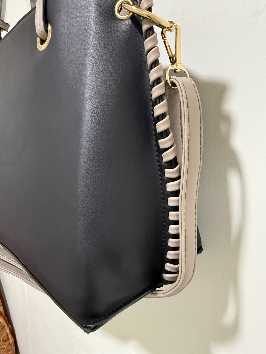 Additional view of Pleather Tote Handbag with Side Weaving Details from Robin Boutique.