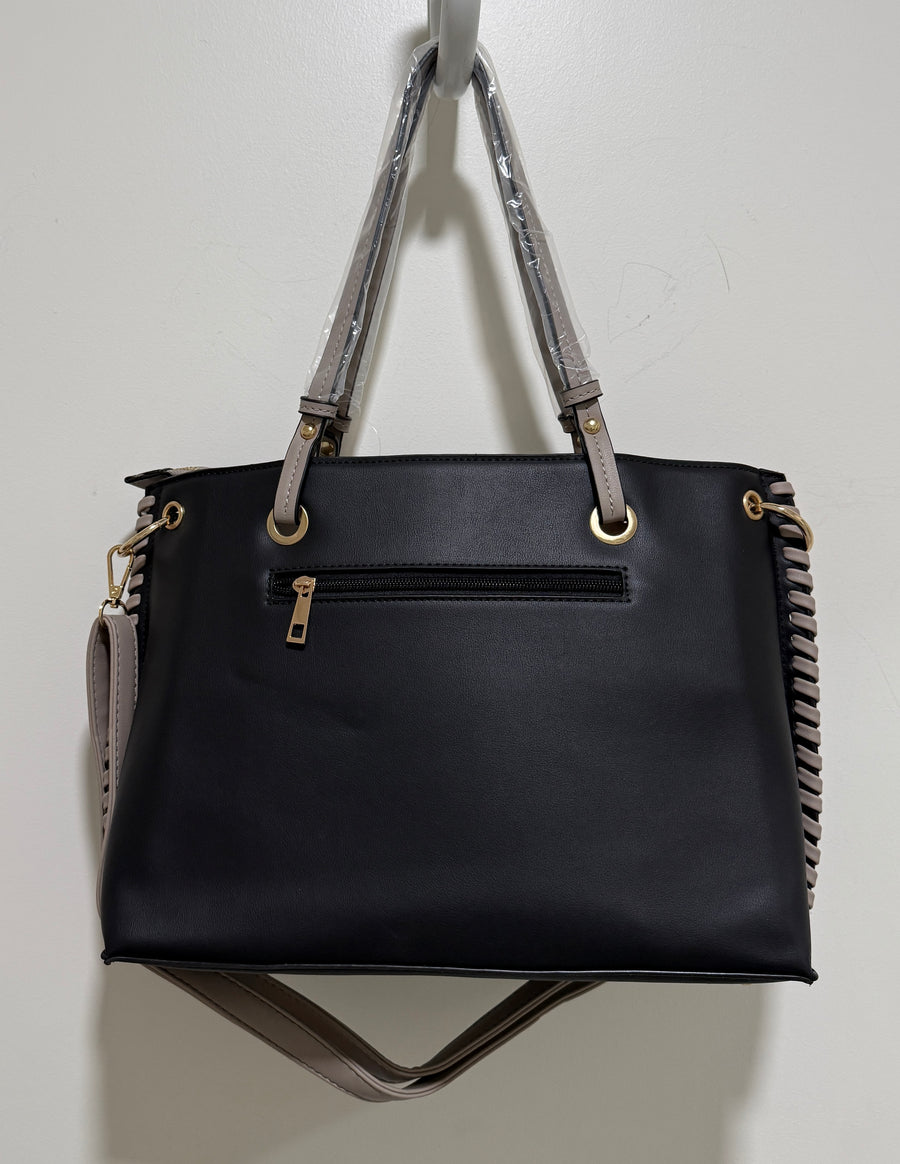 Additional view of Pleather Tote Handbag with Side Weaving Details from Robin Boutique.
