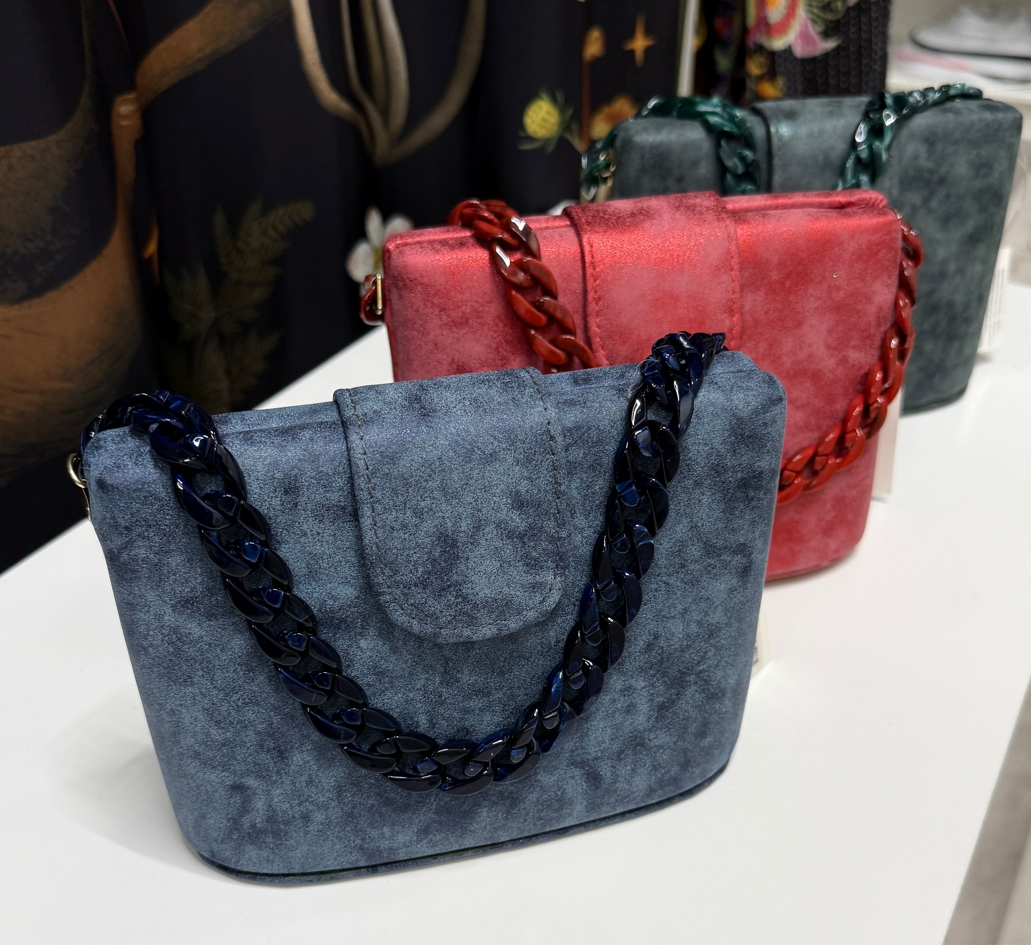 Distressed Faux Suede Handbag with Lucite Link Strap Robin Boutique