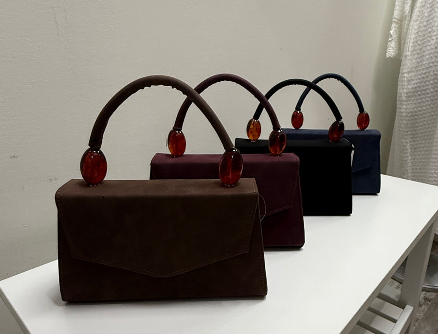 Faux Suede Handbag with lucite Handle Details Robin Boutique