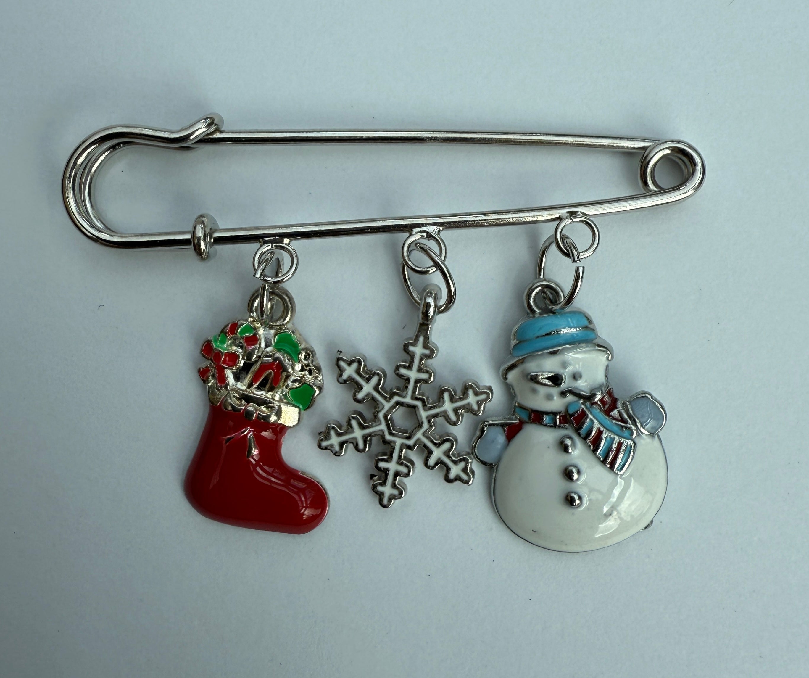 Silver Tone Kilt Pin with Dangling Holiday Ornaments Charm Robin Boutique