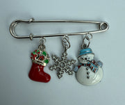 Silver Tone Kilt Pin with Dangling Holiday Ornaments Charm Robin Boutique
