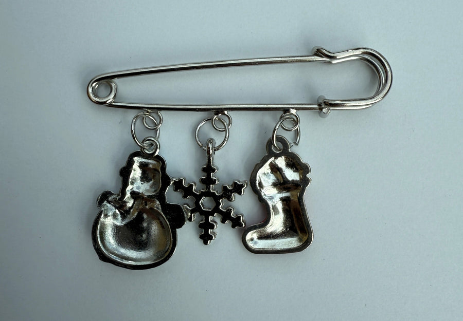 Silver Tone Kilt Pin with Dangling Holiday Ornaments Charm Robin Boutique