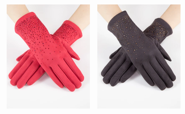 Luxe Rhinestone Faux Suede Gloves
