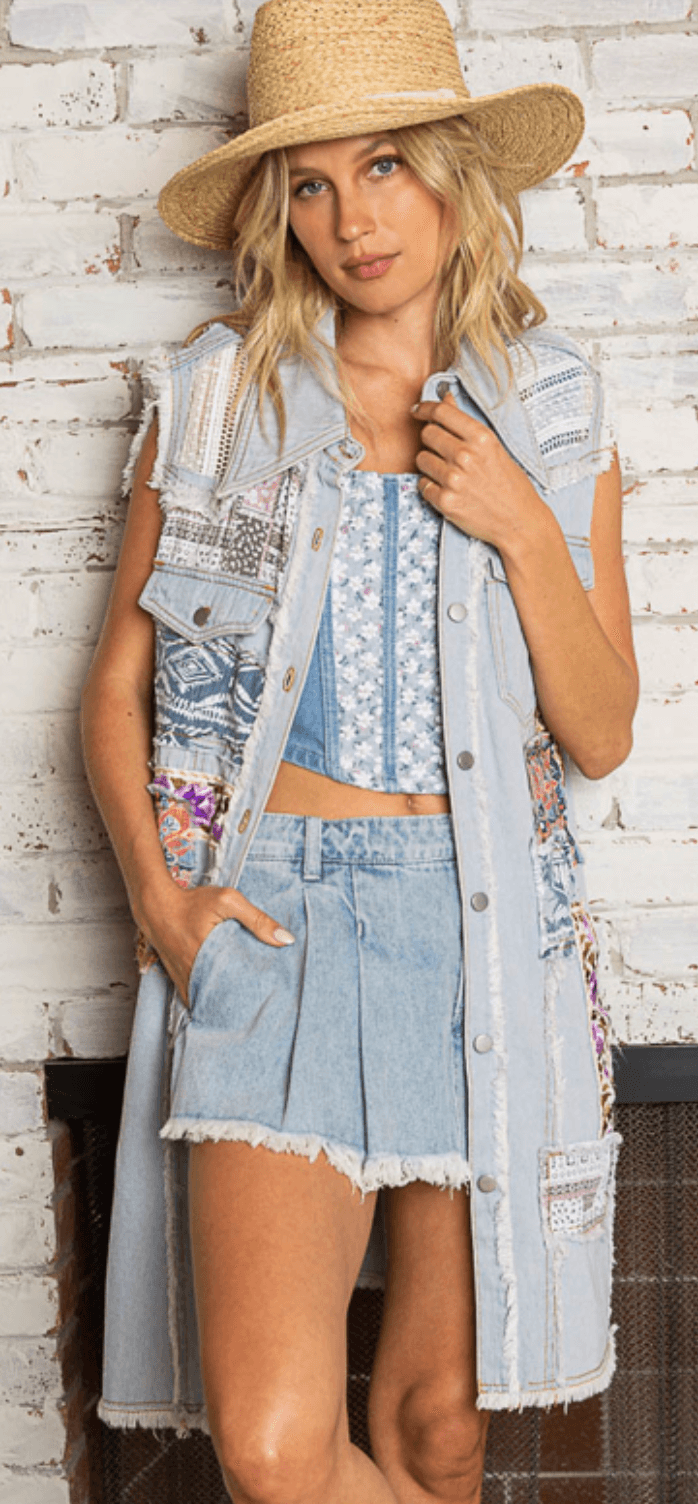 POL Blue Denim Patchwork Long Vest GWD18 - Robin Boutique-Boutique 