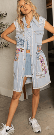 POL Blue Denim Patchwork Long Vest GWD18 - Robin Boutique-Boutique 