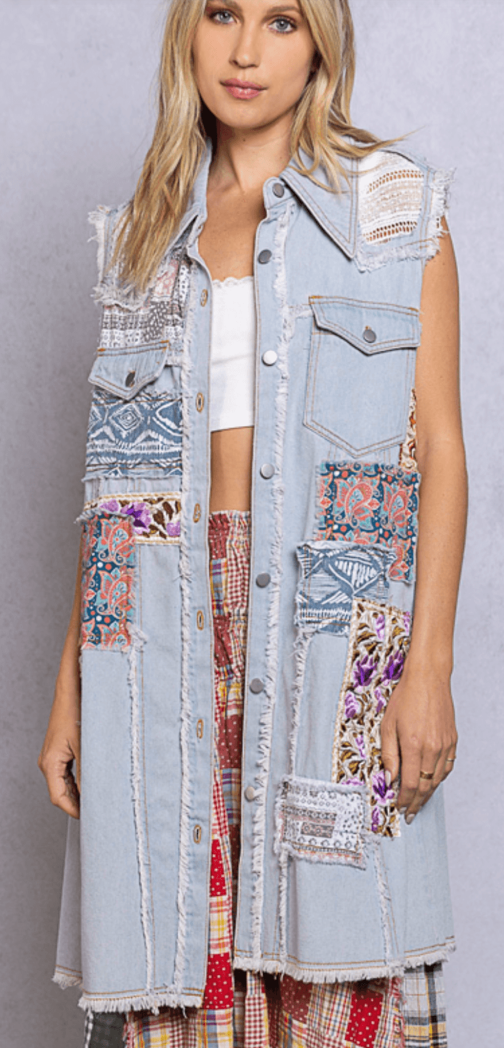 POL Blue Denim Patchwork Long Vest GWD18 - Robin Boutique-Boutique 