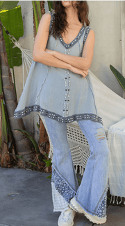 Sleeveless Double V-Neck Oversized Cotton Top with Stones YKT863 - Robin Boutique-Boutique 