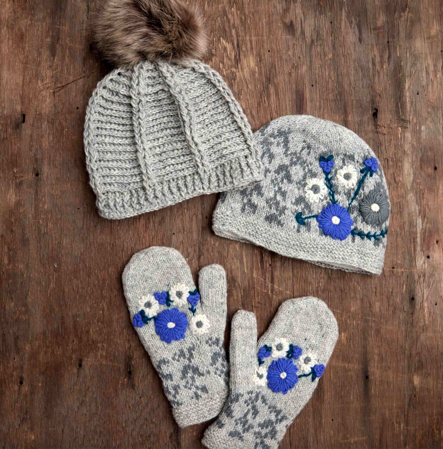Lila Gray Hand Knit Beanie Hat, Mittens and Fingerless Armwarmers By Many Hands Robin Boutique