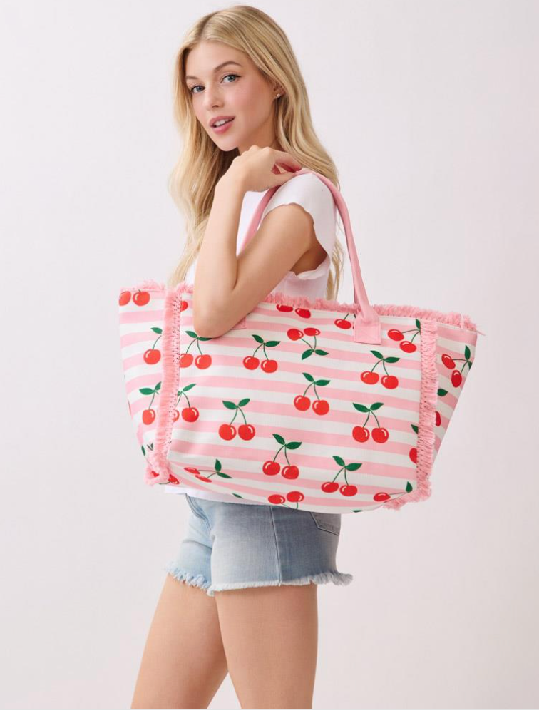 Boho Cherry Stripe Fringe Tote Bag Robin Boutique