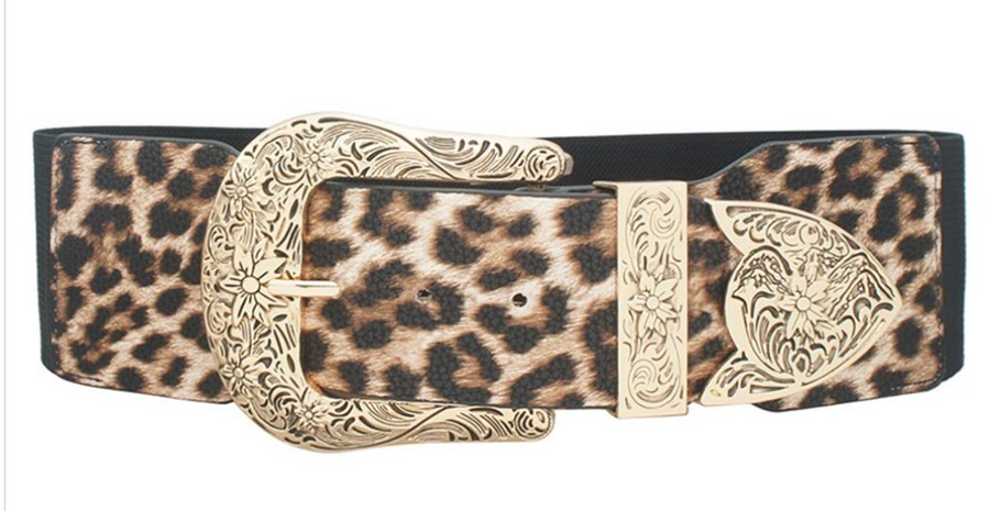 Wide Western Leopard Buckle Elastic Belt