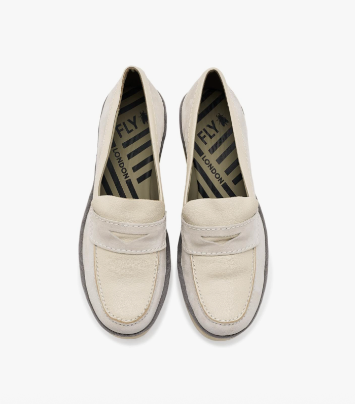 Fly London Bilz Suede Loafer Platform Shoes in Off White Robin Boutique