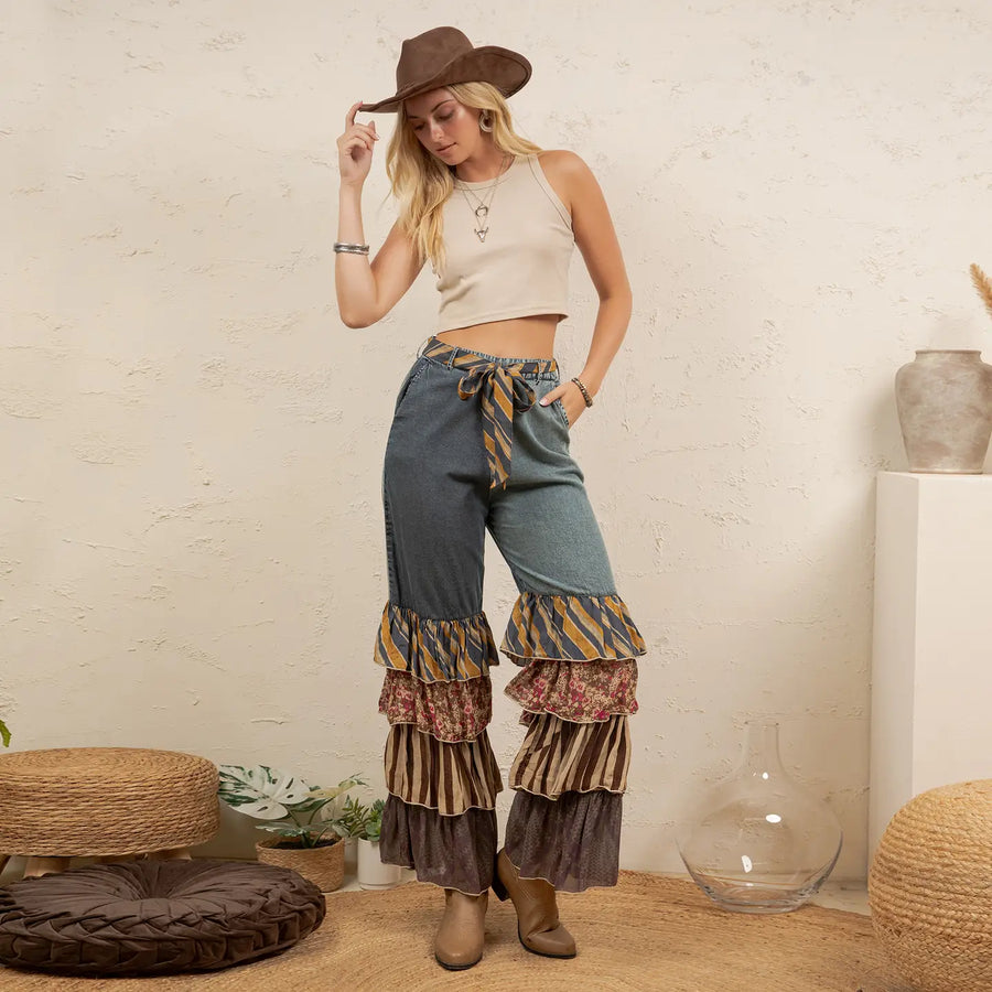Mixed Print Ruffle Flare Pants by Young Threads Robin Boutique