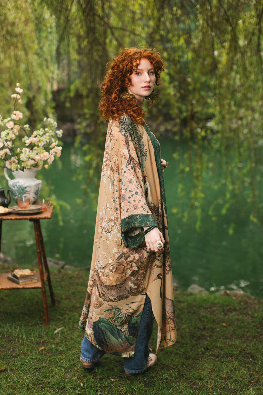 Additional view of Fable Opera Duster Kimono Robe with Deer Moon & Blossom from Robin Boutique.