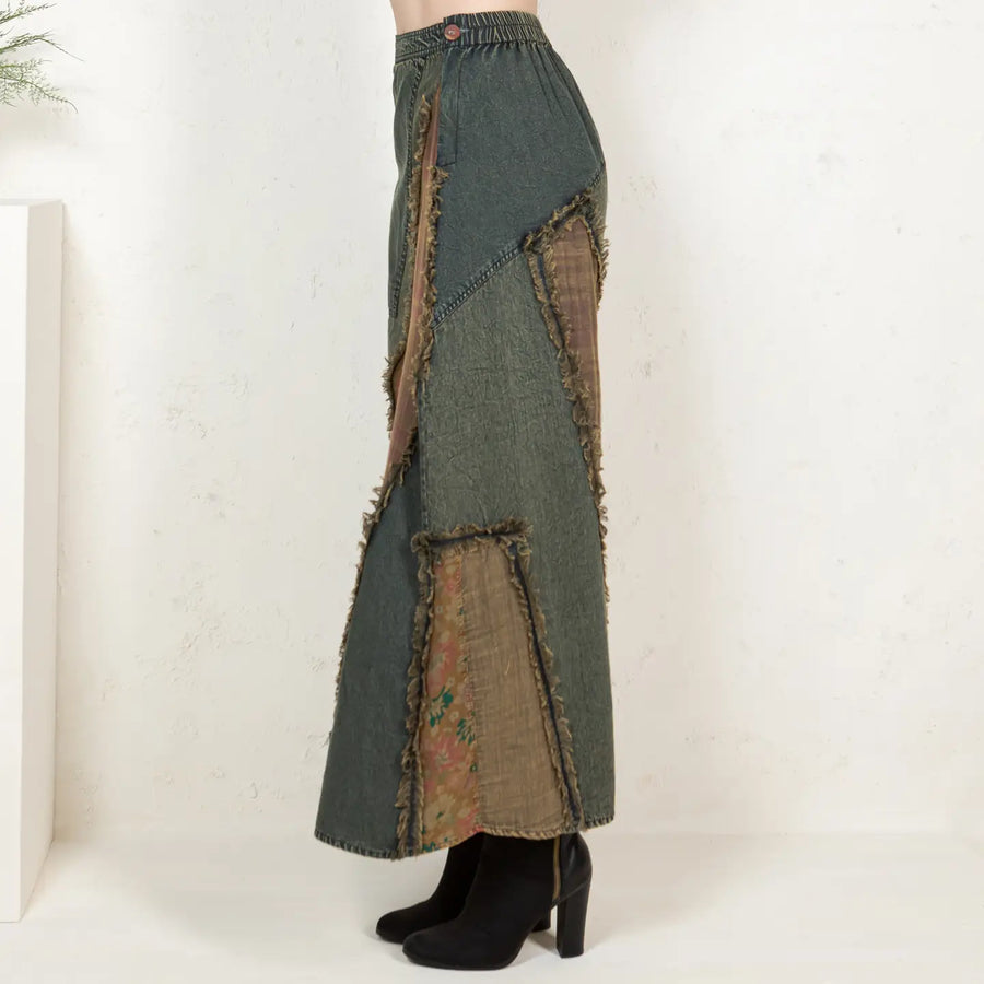 Western Boho Patch Denim Skirt by Young Threads Robin Boutique