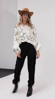 Horse Printed Satin Oversized Blouse by Beulah MC2137