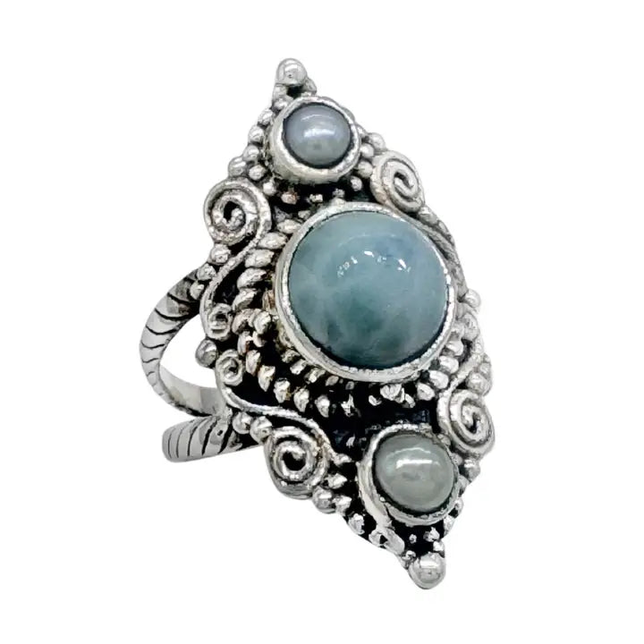 Oceans Whisper Larimar and Pearl Ring