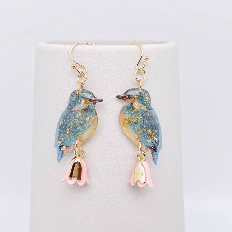 Resin Blue Bird Charm Dangle Earrings - Robin Booutique